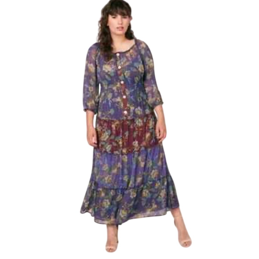 Figueroa & Flower Dress 3X Floral Maxi Purple Boho Tiered Smocked Hippie Cottage